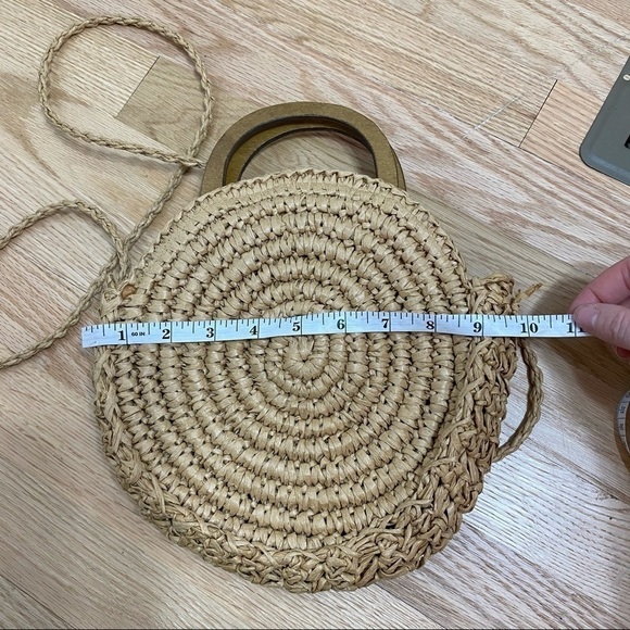 Straw Woven Circular Bag Purse Boho Beach Tan - Picture 5 of 8